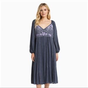 ASOS DESIGN Womens embroidered bust pleated midi dress long sleeve dark grey 26